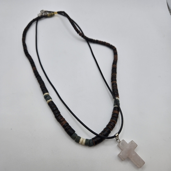 Vintage Jewelry - vintage Grunge necklace choker Leather Cord Rose Quartz Cross Puka Shell boho